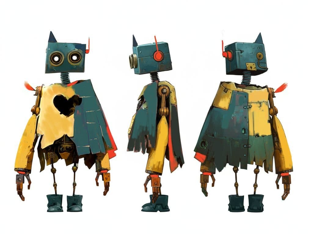 Le robot CLOC sous trois angles : tête carrée, manteau rapiécé bleu et jaune