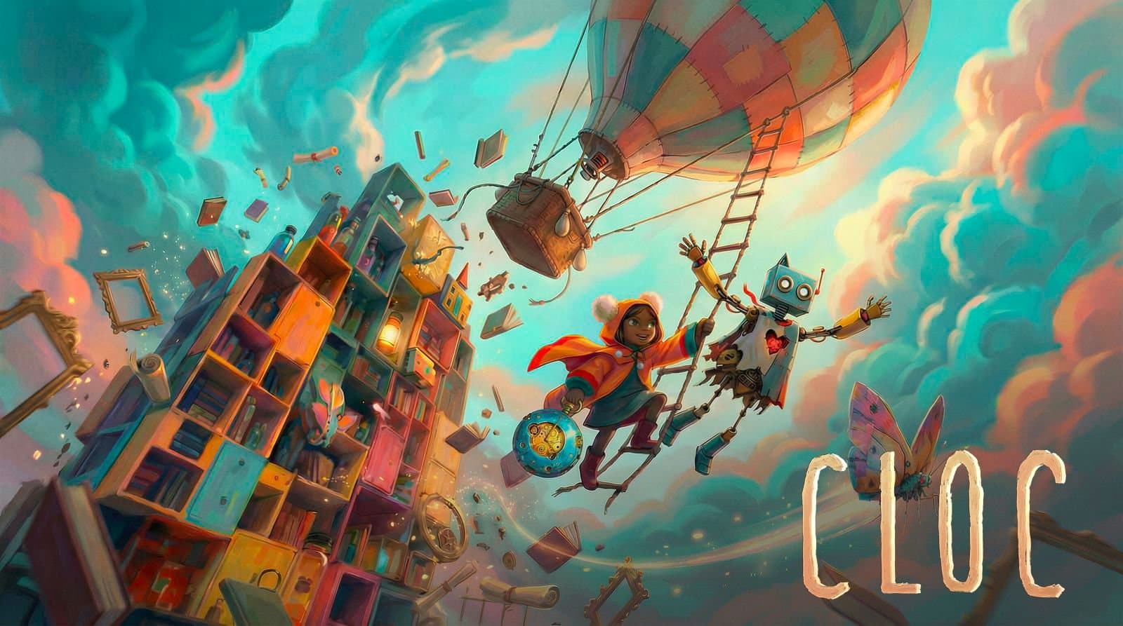 CLOC : un ciel turquoise, une montgolfière, une ville de livres