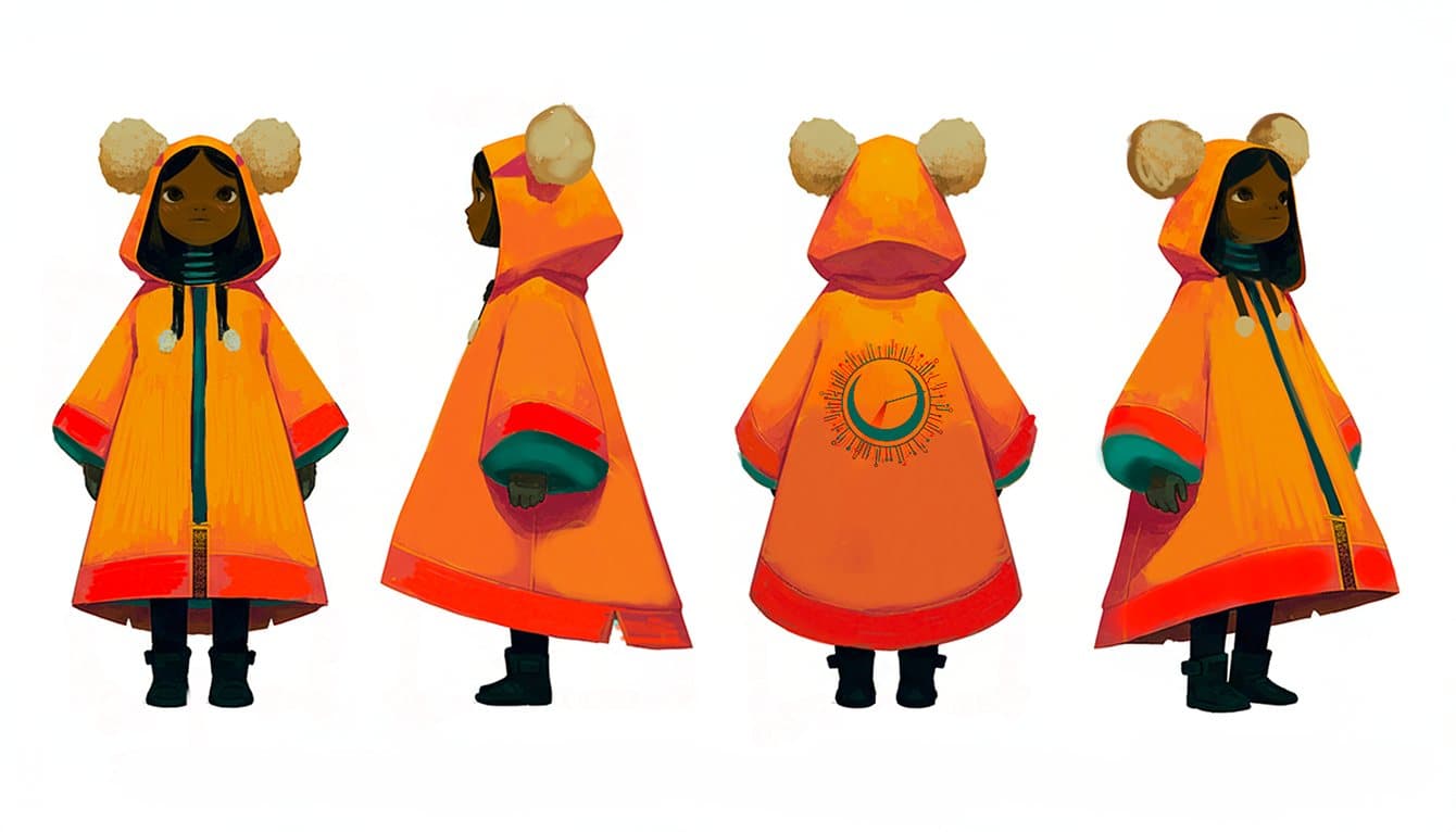 La Fillette de CLOC sous quatre angles : poncho orange, capuche à pompons