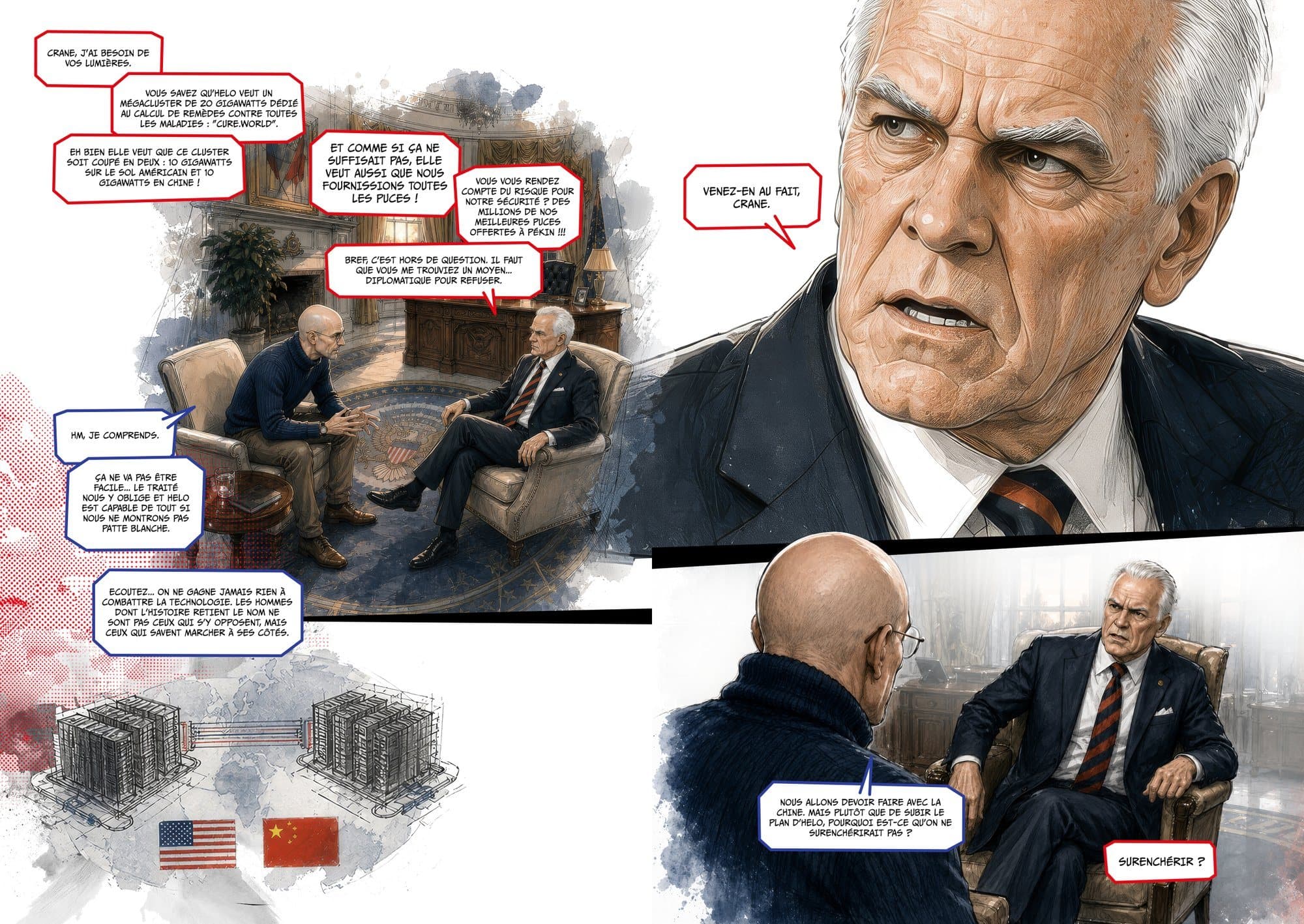 Planche 5 du tome 2 de HELO : dans le Bureau ovale, le président des États-Unis demande conseil à Augustin Crane